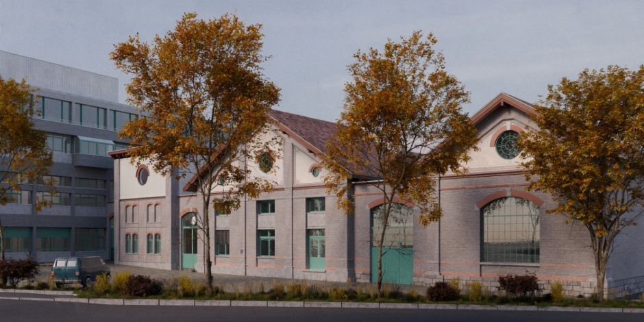 Links ist die Visualisierung des Siegerprojekts «Victoria» zu sehen, rechts das bestehende Elektrizitätswerk.